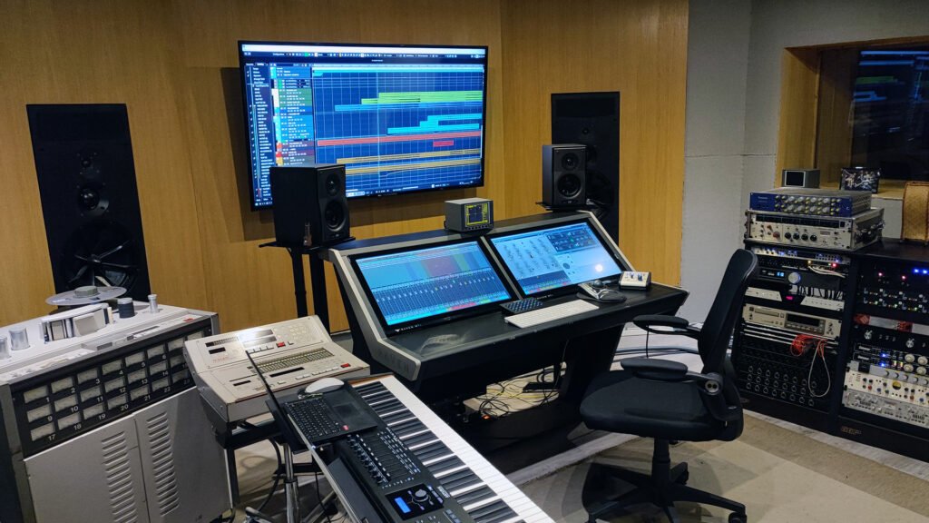 Studio A control room with keyboard, desk and outboard racks