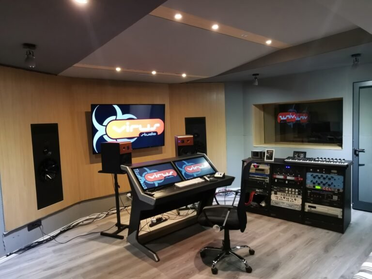 Studio A control room with desk, main monitors and racks