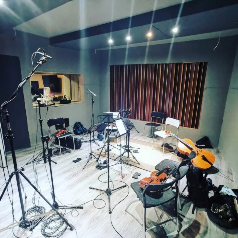 Live room of Studio A set up for a string quartet session